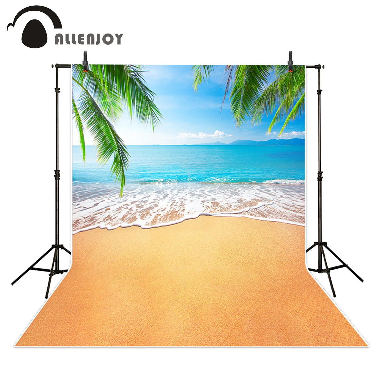 Фон Allenjoy для фотостудии голубые морские волны тропический песчаный пляж дерево