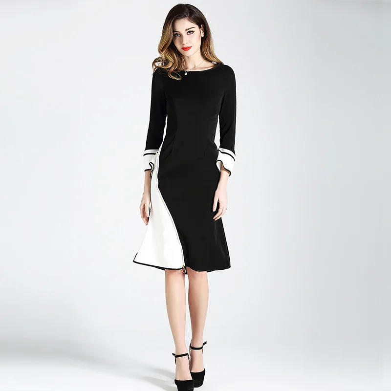 

Autumn Patchwork Mermaid Dress Women Black Long Flare Sleeve O-Neck Sexy Party Dress Vintage Bandage Midi Dress Ladies Vestidos