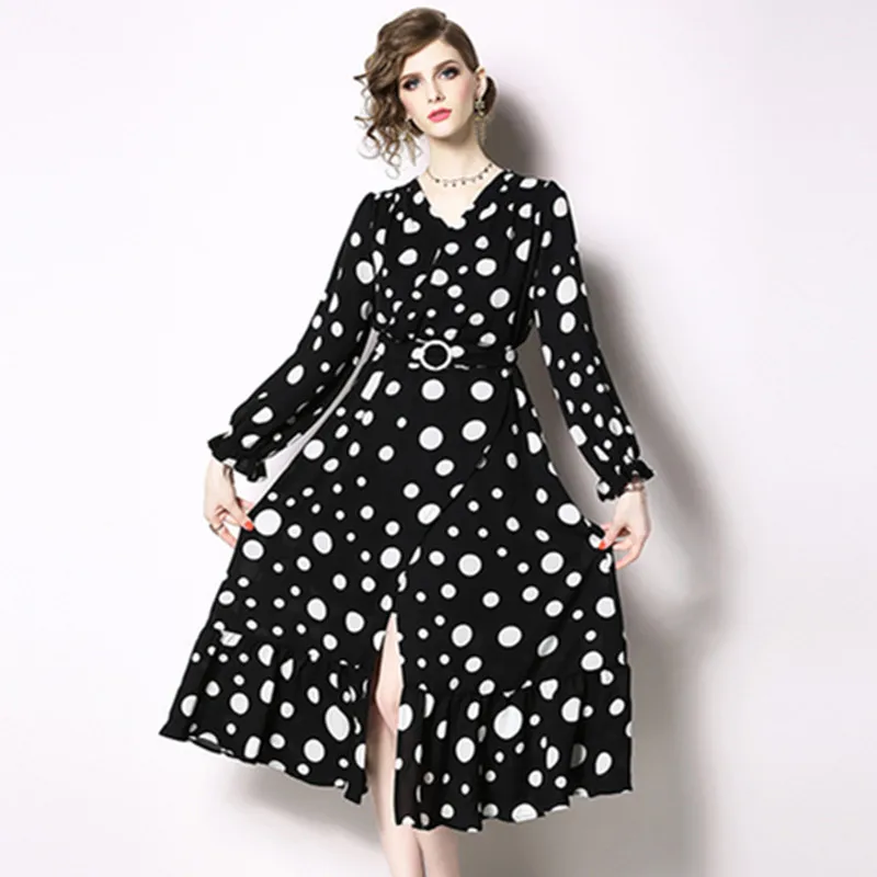 OL элегантный в горошек платья Женщины V шеи туника с длинными рукавами Сплит юбка