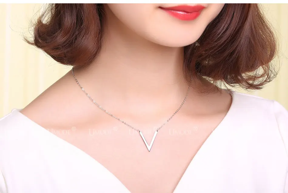 UMODE V Letter 925 Sterling Silver Chain Necklaces Pendant for Women Simple Korean Fashion Jewelry collares de moda ULN0204
