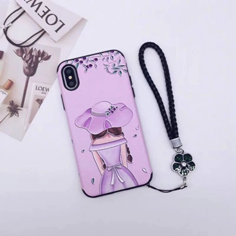 Green Cartoon Back Girl + Lanyard Phone Case for 6 6s 7 8 Plus Pink All inclusive Soft Cover XS Max XR X | Мобильные телефоны и