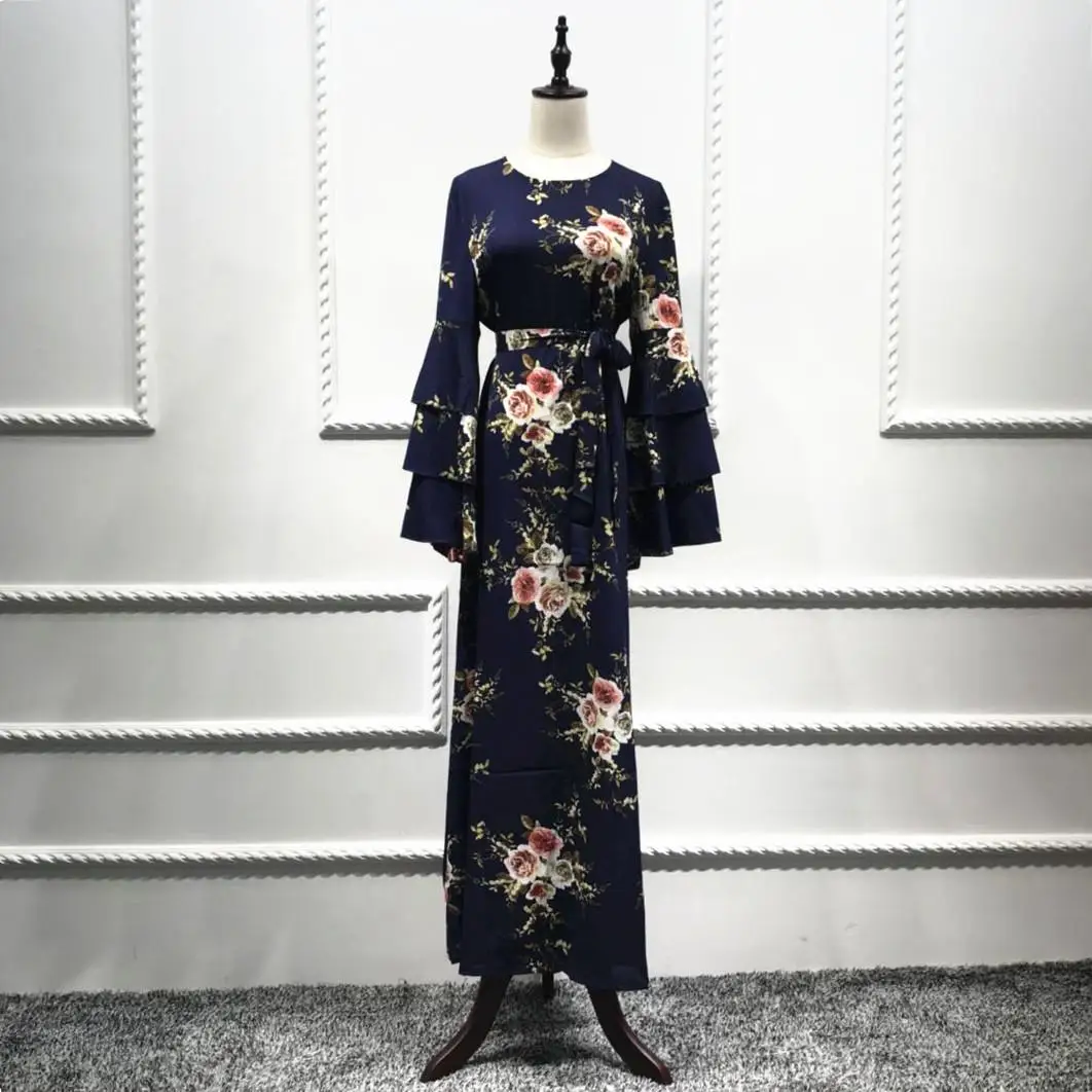Navy Blue Новое Женское мусульманское длинное платье для девочки Jilbab abaya бальное платье Дубай с цветочным принтом пояс арабский Средневосточный платье мусульманская одежда Рамадан Мода - Цвет: Navy Blue