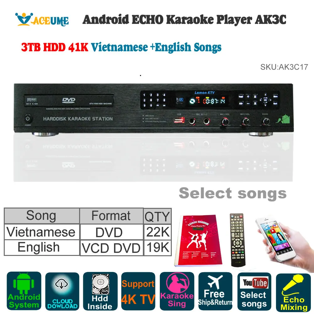 3 ТБ HDD 41K вьетнамский английские песни Android караоке плеер/Jukebox Бесплатная загрузка