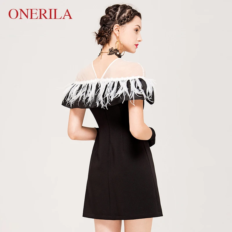 ONERILA 2018 Summer Stylish Elegant O Neck White Feathers Little Black Dresses Slim Sexy Women Mini Night Party Dress Vestidos | Женская