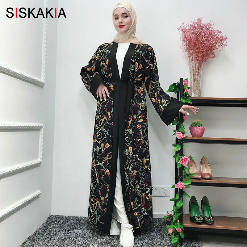 Женское кимоно с цветочным принтом Siskakia черное узким поясом модные аравийские