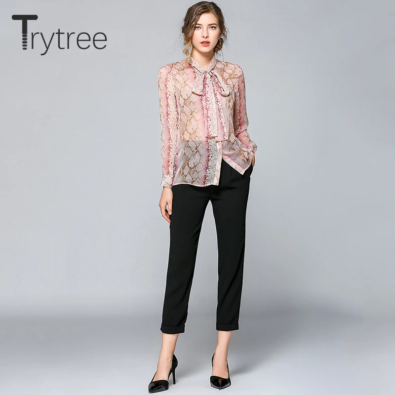 Ttytree Summer Autumn Fashion Blouses Pink Leopard Casual Shirt Women Bow Tie Single-breaste Silky Tops Office Lady Shirts |