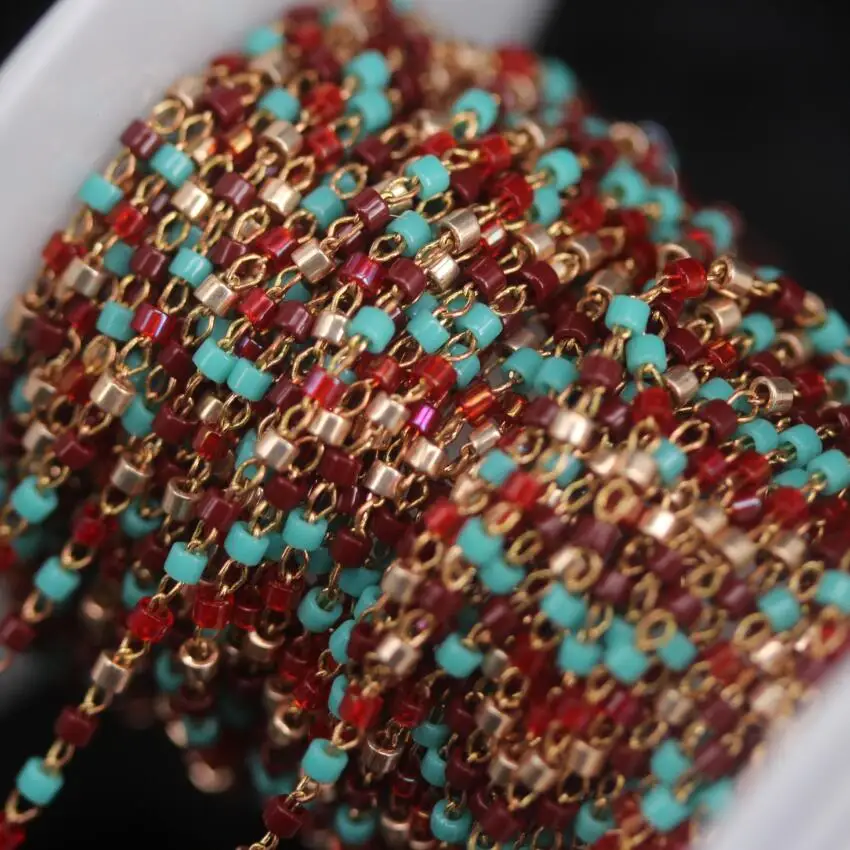 

NEW! Multi Color Small Size Miyuki Delica beads Link Rosary Chain,Brass Wire Wrapped Japanese seed beads Necklace Chains Jewelry