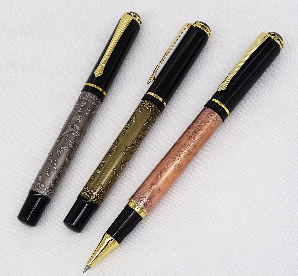 

3PCS Baoer 507 Metal Vintage Rollerball Pen Running Horses Pattern Bronze/Red Copper/Gray Color Writing Set for Gift Office Home