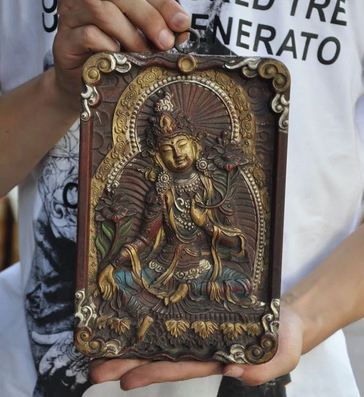 

wedding decoration 8' Tibet buddhism old wood Hand painted Green Tara Kwan-Yin Guanyin Wall hanging