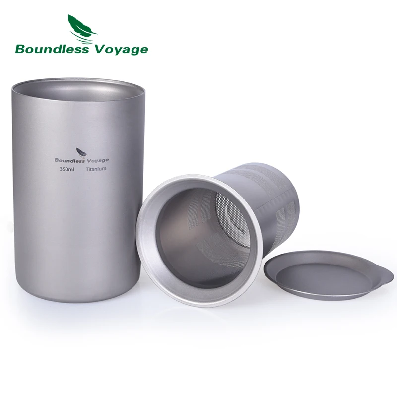 Boundless Voyage Titanium Coffee Tea Cup with Filter Outdoor Camping Portable Double-Wall Mug Tableware 350ml