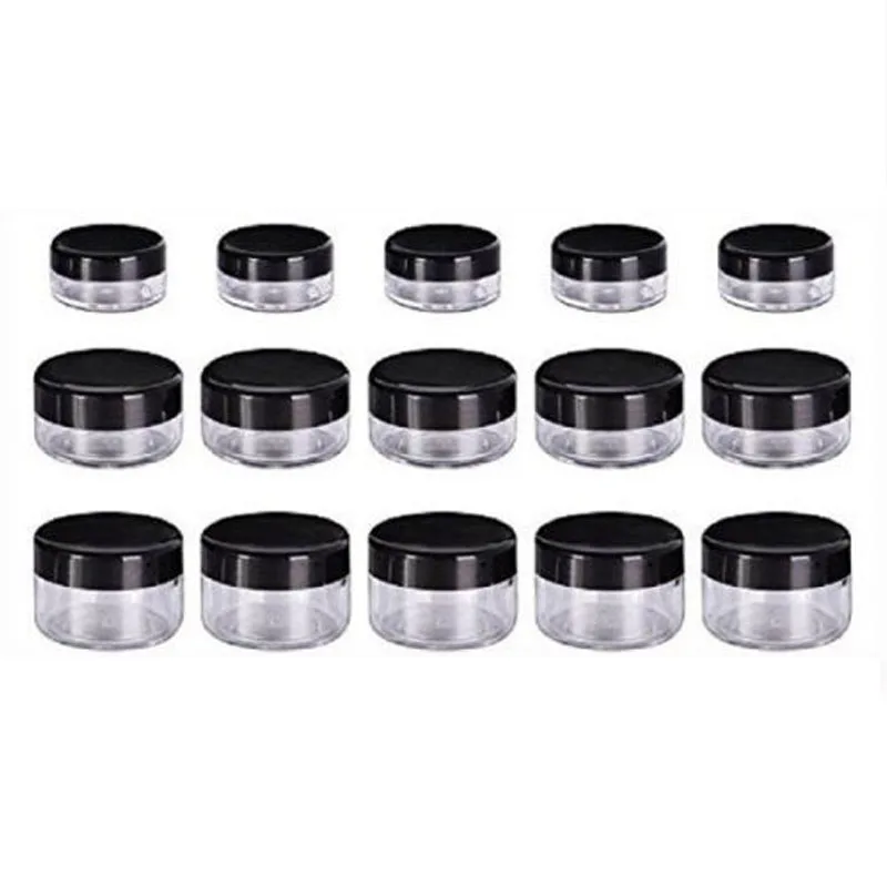 

50pcs 2g/3g/5g/10g/15g/20g Plastic Clear Cosmetic Jars Container Black Lid Lotion Bottle Vials Face Cream Sample Pots Gel Boxes