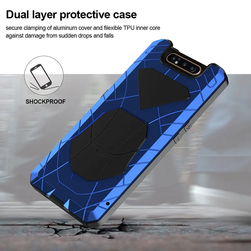For Samsung Galaxy A80 Phone Case Hard Aluminum Metal Tempered Glass Screen Gift Protector Cover Heavy Duty Protection Cover