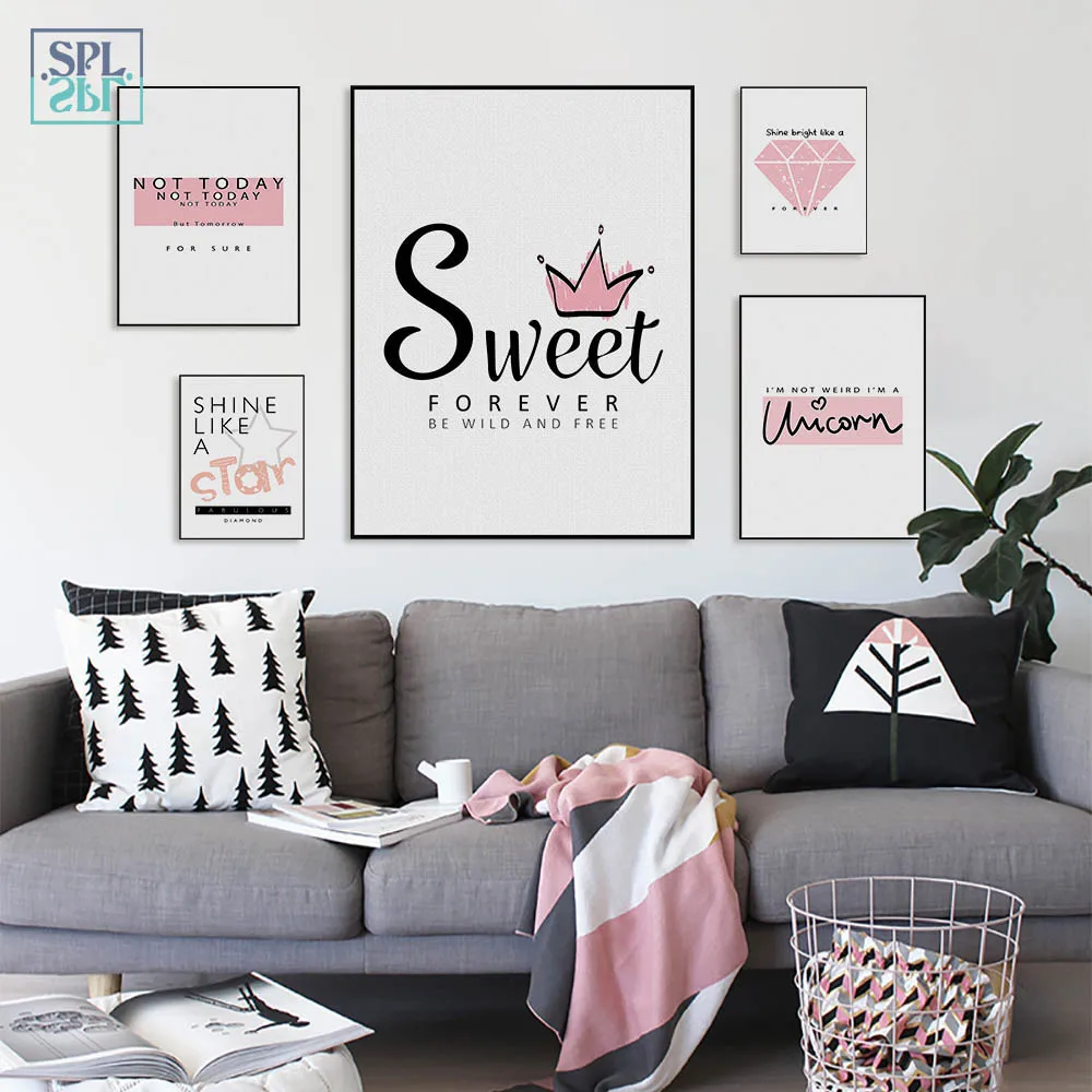 

SPLSPL Fashion Pink Diamond Sweet Quotes Poster Cute Girls Room Decor Wall Art Print Canvas Painting No Frame