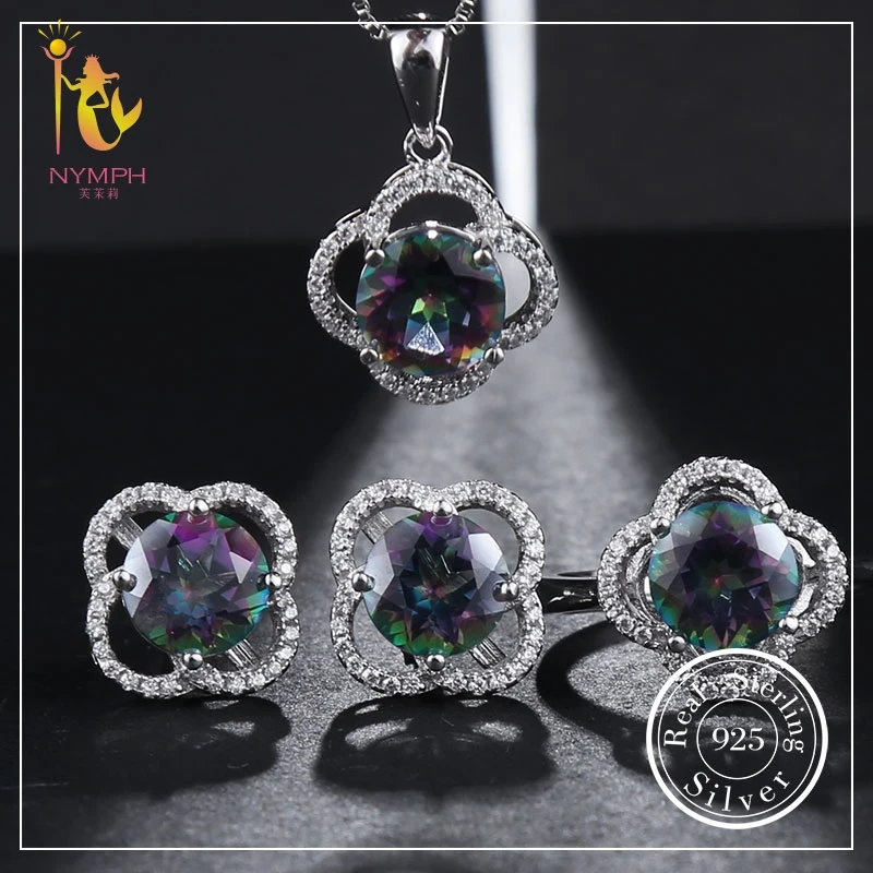 NYMPH Genuine Gem Stone Crystal Topaz Necklace Pendant Rings Earrings Set 925 Sterling Silver Jewelry Gift For Women Rose T238 | Украшения
