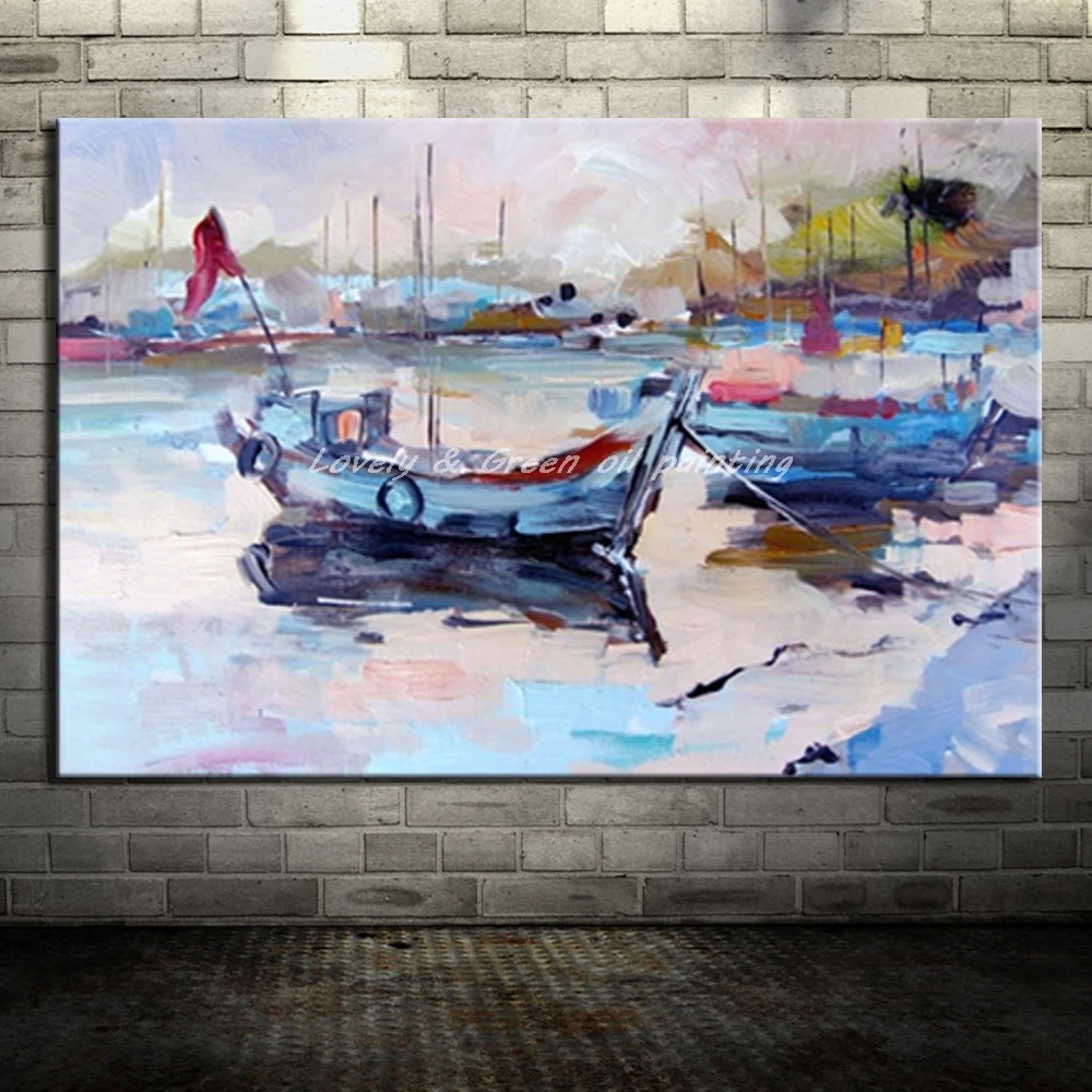 

Hand Painted Canvas Painting Abstract Arts Poster Boat Landscape Oil Painting Wall Pictures For Living Room Home Decor Wall Art