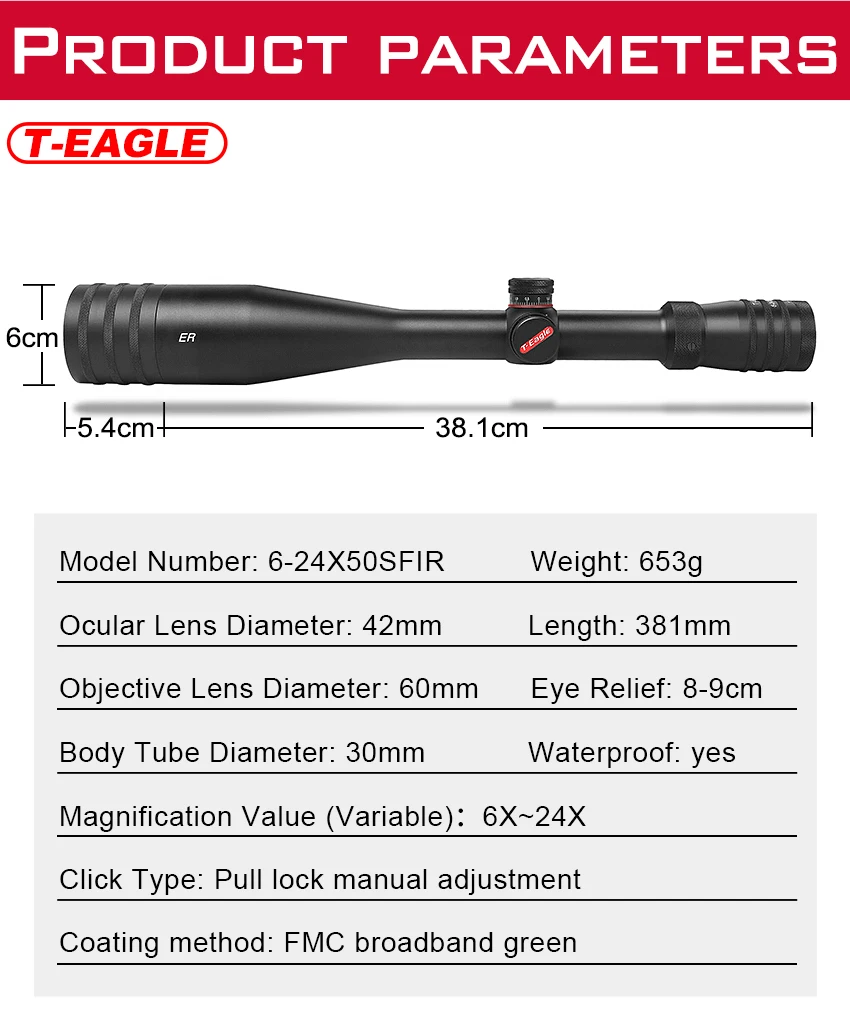 T-Eagle ER 6-24X50SFIR охотничий прицел боковой Параллакс стекло гравированное сетка башенки замок сброс встроенный охотничий Пистолет Аксессуары