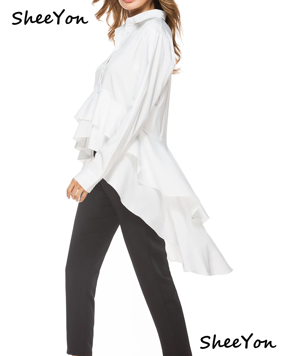 SheeYon ladies spring new white long sleeved Asymmetrical swallow ruffles casual Shirts women 852354 |