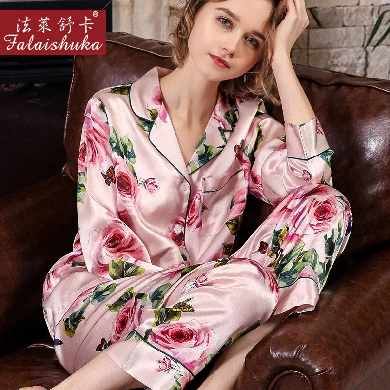 New 100% mulberry silk pajamas sets women summer sexy black flower elegant long sleeves pure genuine silk womens pyjamas