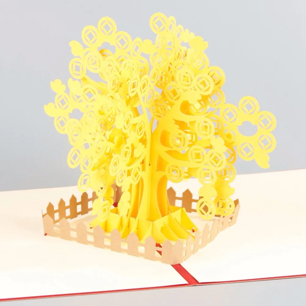 Золотой денежное дерево 3D pop up цветок открытка Новый год лазерной резки открытки