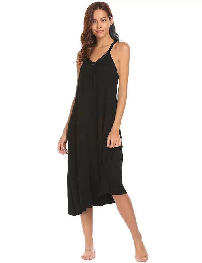 Ekouaer Night Dress Women Lingerie Sleepwear V-Neck Sleeveless Midi Sleep Dress Loungewear Nighty Sleepshirts Cotton Nightgown