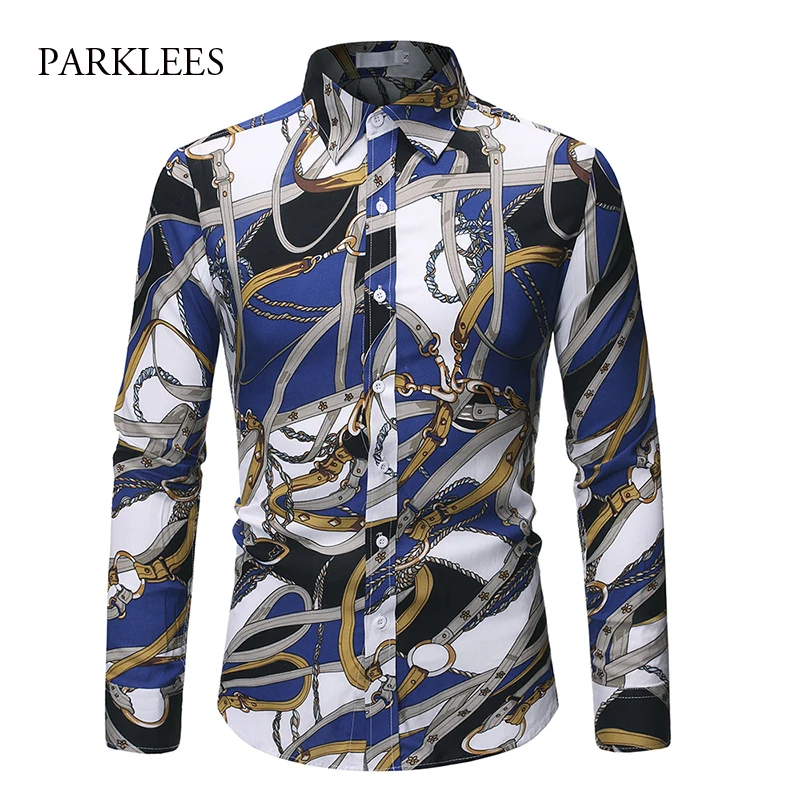 Рубашка мужская приталенная с длинным рукавом принтом цепей и отложным