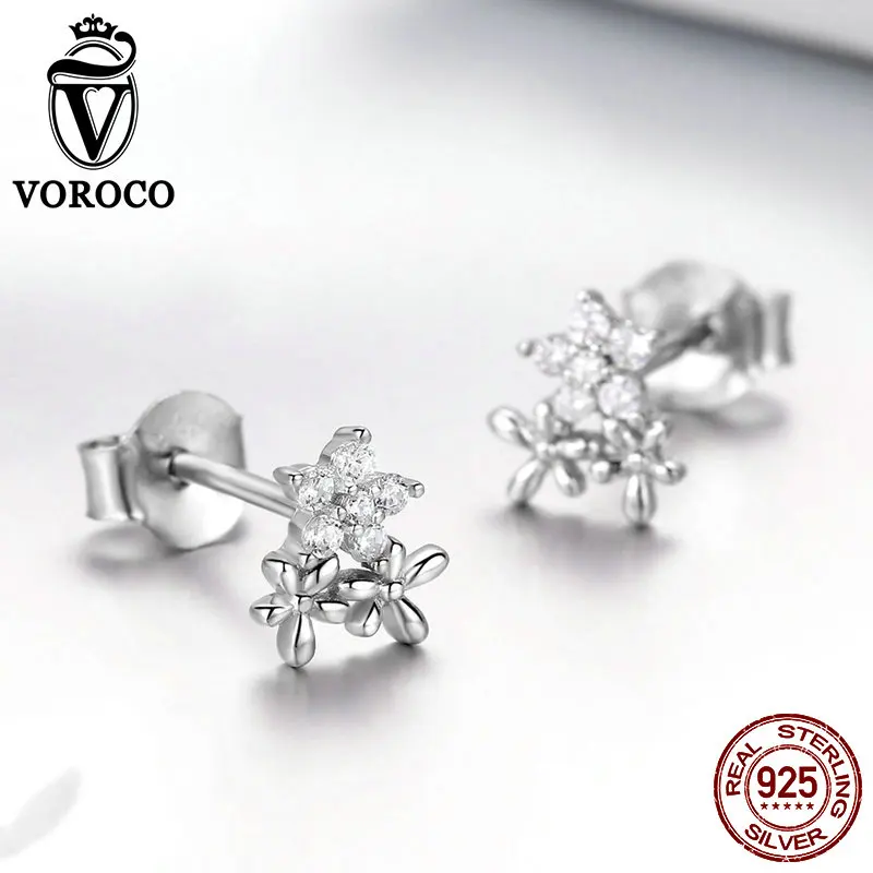 VOROCO 100% Настоящее серебро 925 пробы серьги гвоздики с цветком маленькие серебряные