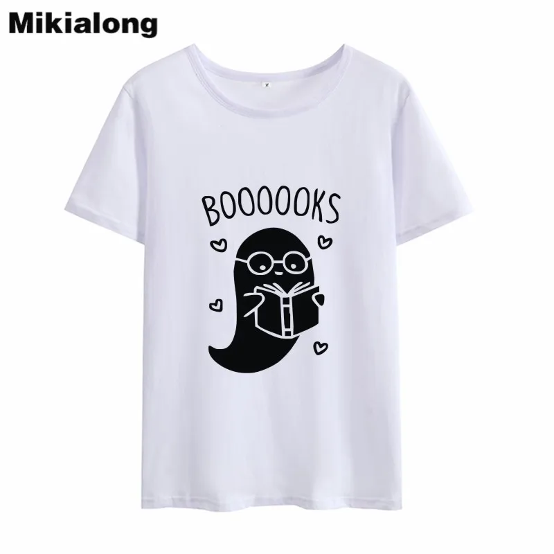Mikialong 2018 графическая кавайная женская футболка BOOOOOKS Дамский топ с надписью