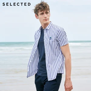 Мужская хлопковая Повседневная рубашка в полоску с вышивкой, с коротким рукавом, модель 419204512