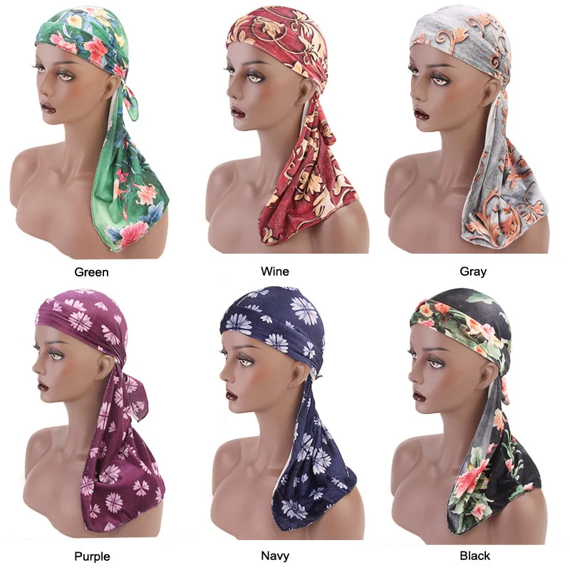 12PCS Unisex Print Head Wrap Soft Hair Accessories Muslim Hat Velvet Floral Print Long Tail Pirate Turban Headwear Random Color