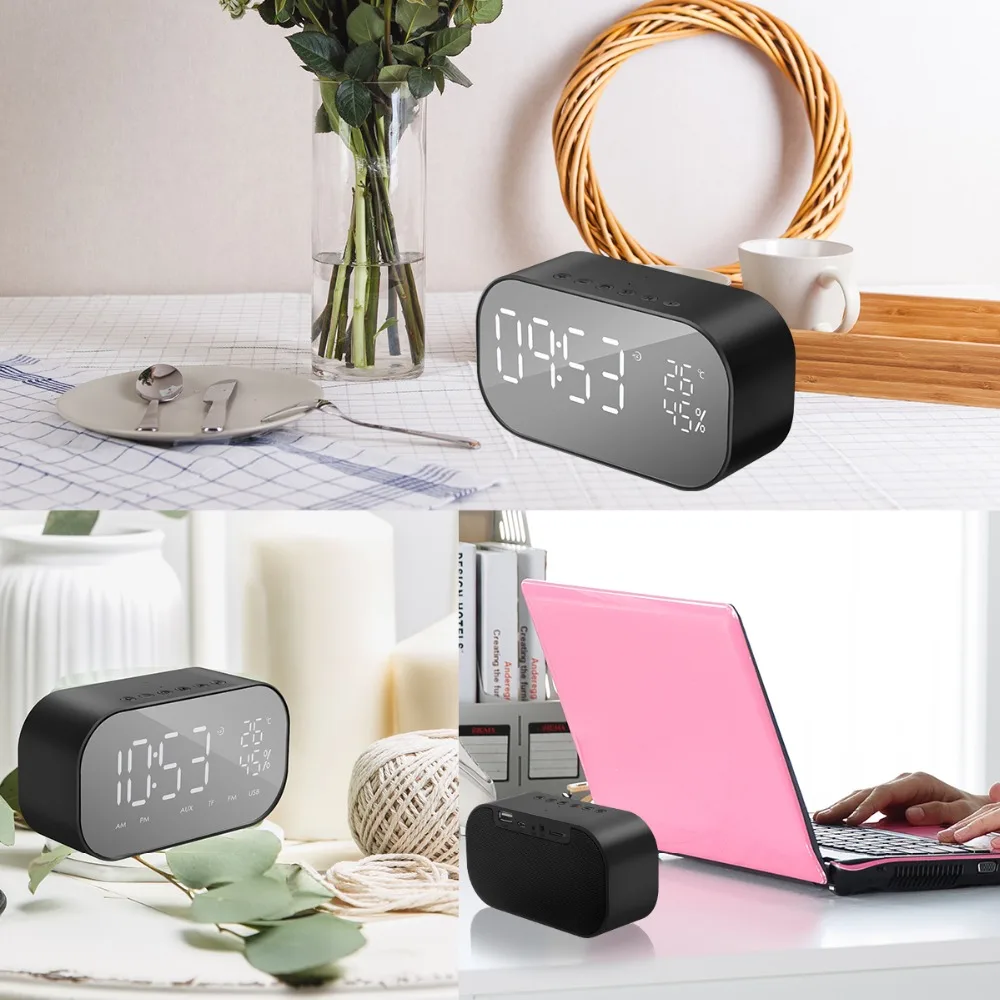 SOONHUA Портативный беспроводной Bluetooth динамик для ноутбука телефона Колонка сабвуфер музыкальная шкатулка цифровой FM радио Настольный будильник