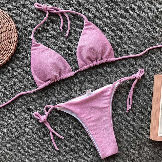 B756Pink Сексуальное микро блестящее бикини, шикарный Купальник для женщин, бандо, купальник для женщин, комплект бикини из двух предметов, бразильский купальник, пуш-ап - Цвет: B756Pink