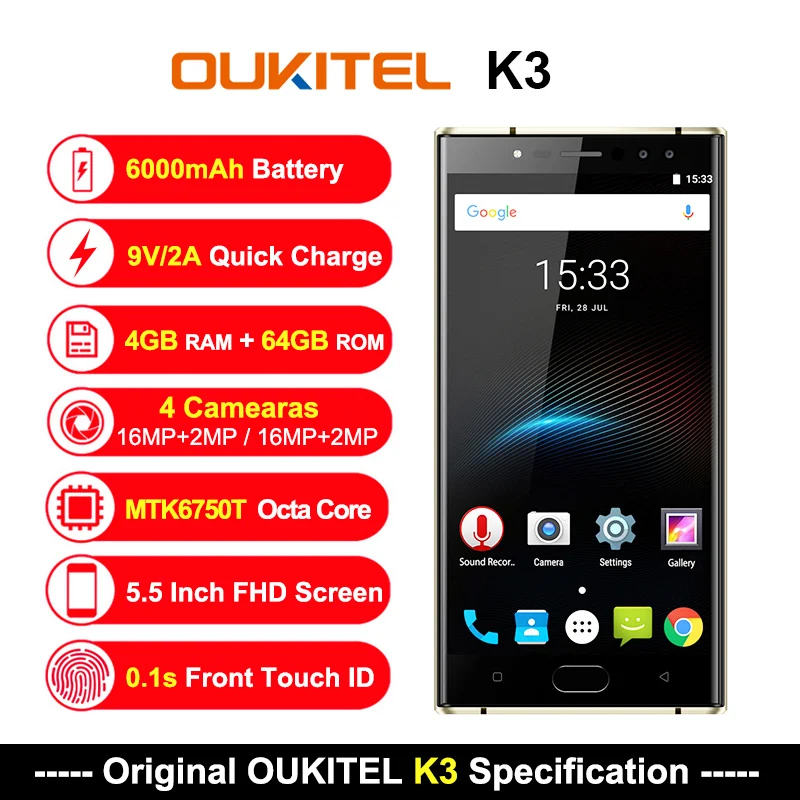 Oukitel K3 16MP 4 камеры 6000 мАч 4G мобильный телефон mtk6750t восемь ядер B 6 5 &quotAndroid 7 0 OTG Touch ID