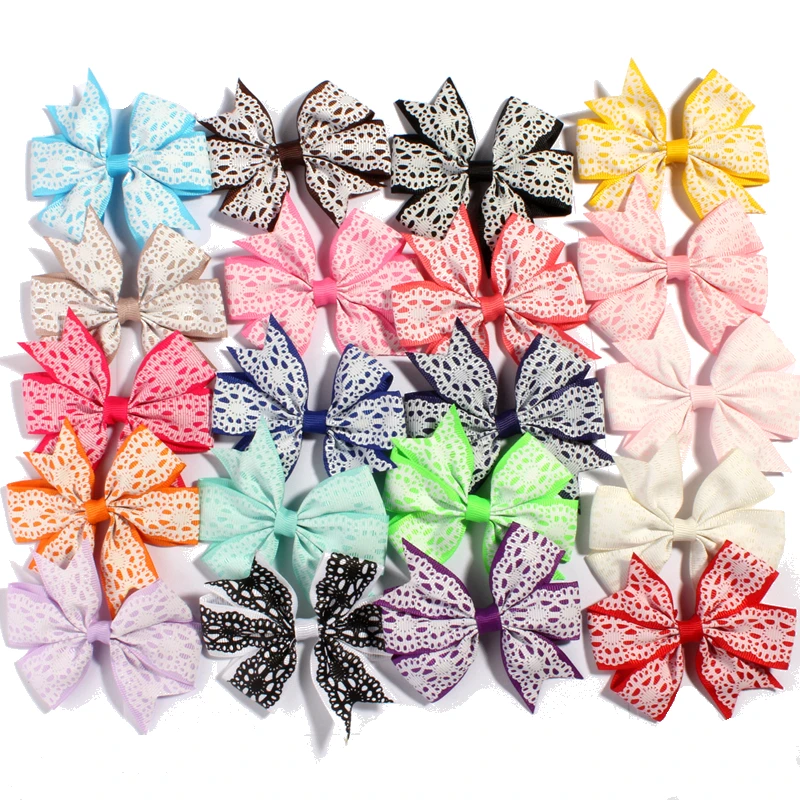 

30PCS 8cm 20colors Lace Pattern Grosgrain Ribbon Flower Hair Bows with Clips Boutique Threaded Ribbon Bows for Hair Accessories