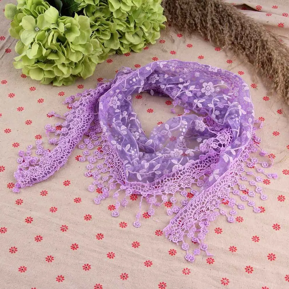 light purple Осенний треугольный кружевной шарф, женские бандажные цветочные шарфы, шаль для женщин, кисточка, прозрачная металлическая вязаная вуаль, вышитая кисточка, шаль - Цвет: light purple