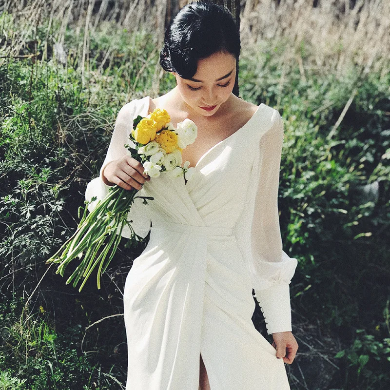 Винтажное атласное свадебное платье с v-образным вырезом длина до пола длинным