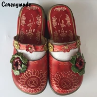 careaymade folk style head layer cowhide pure handmade carved shoes the retro art mori girl shoeswomens casual sandals151 1
