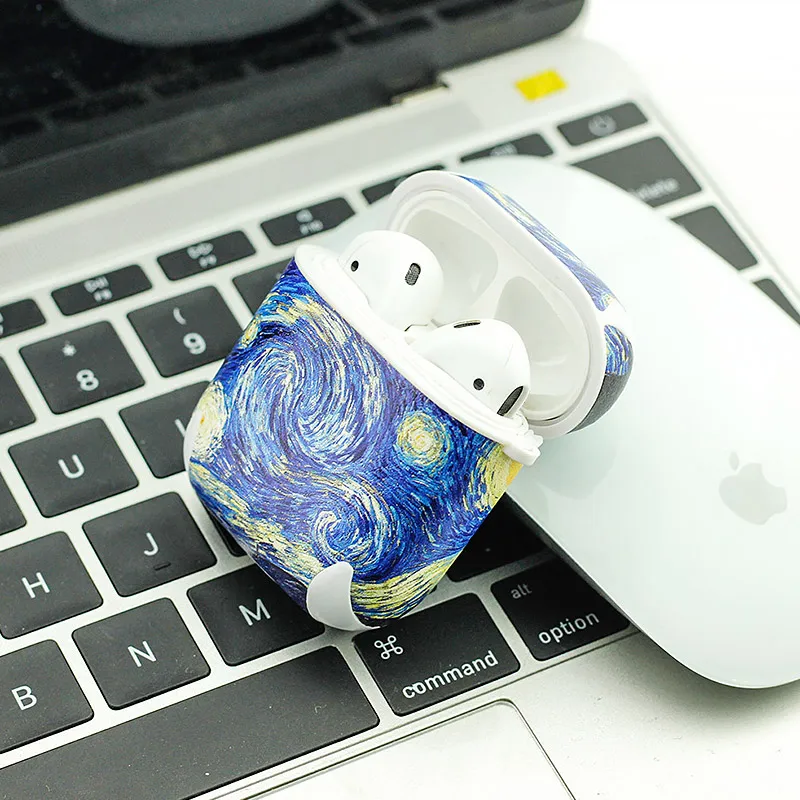 Чехол airpods кожаный для Apple Bluetooth наушники защитная кожа Kanagawa Ван Гог противоударный Анти-пыль ремень Звездная ночь бухта