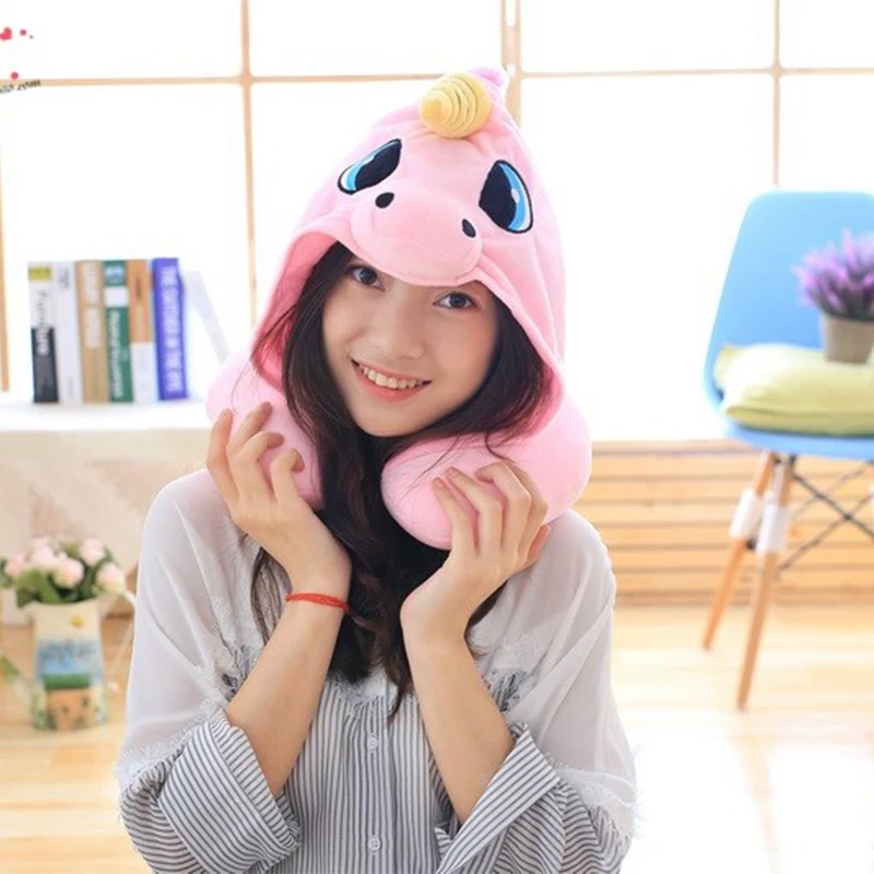 Lovely Unicorn Hood Neck U Pillow Decorative Blue Pink Soft Office Nap Cushion Cute Cartoon Doll Plush Toy Gift for Children Kid | Дом и сад