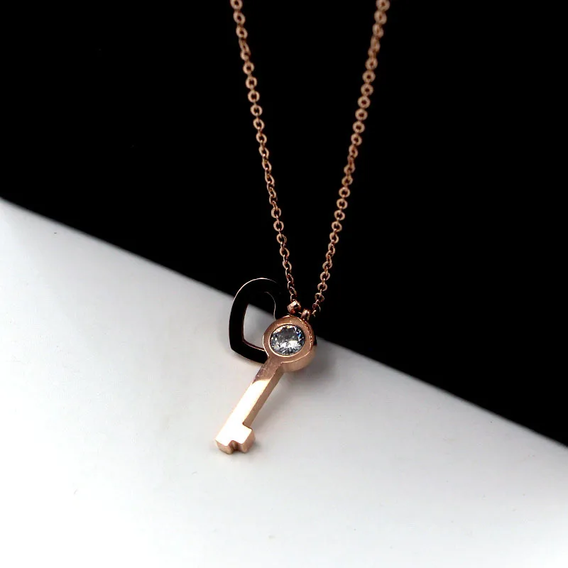 Fashion Stainless Steel Love Crystal Heart Key Pendant Necklace Rose Gold Color Women Girl Party Gift | Украшения и аксессуары