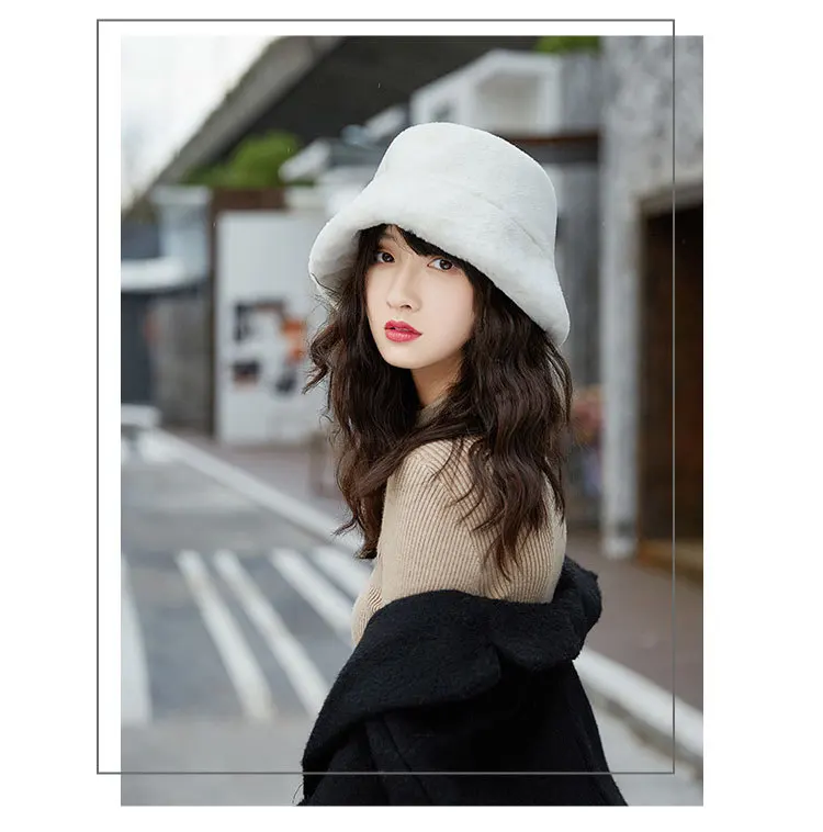 Fur Thick Warm Winter Bucket Hat Women Solid Color Girls Flat Top Velvet Fedoras Ladies Plush Bob Feminios Fashion Gorras