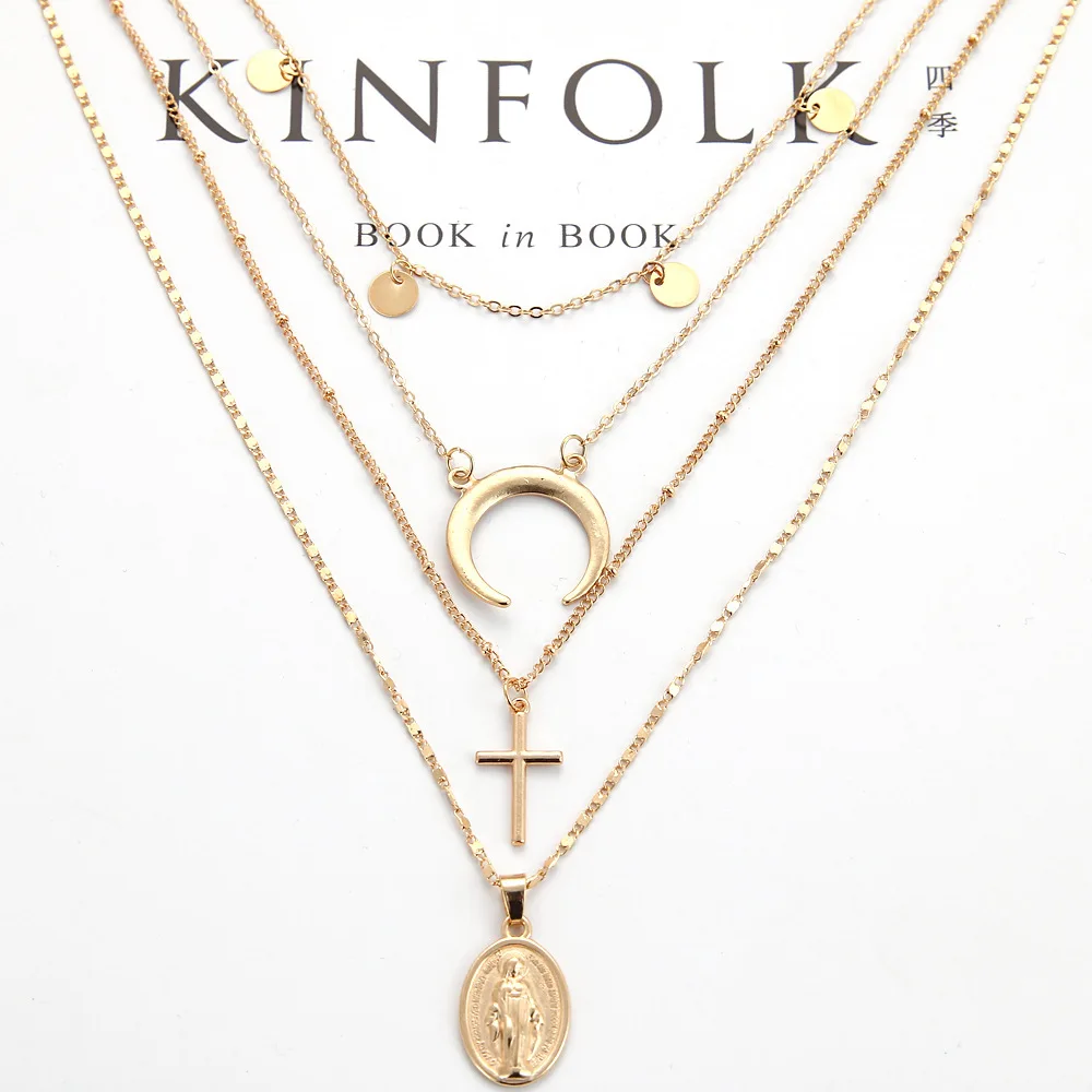 Jesus Cross Necklace Crescent Disc Metal Hanging Multi-storey Retro Wholesale | Украшения и аксессуары