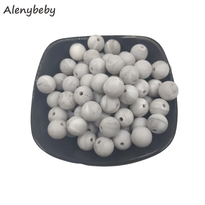 Marble white 100pc силиконовый для детей для прорезывания зубов бусины 15 мм безопасный пищевой Клас Уход жевательные круглые Без БФА, силиконовый бисер зубное кольцо для ребенка ожерелье - Цвет: Marble white