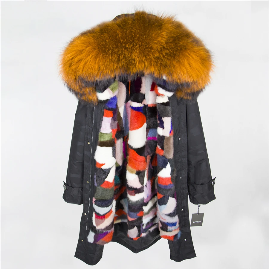 black Camouflage 23 OFTBUY X-длинная Камуфляжная парка, пальто с натуральным мехом, зимняя женская куртка, большой воротник из натурального меха енота, капюшон, подкладка из натурального меха норки - Цвет: black Camouflage 23