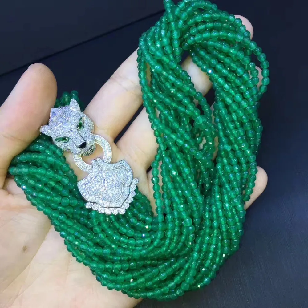 ?? ナチュラルカルセドニーチョーカーネックレスマルチ層グリーン色925スターリングシルバーヒョウ細かい女性ジュエリー送料無料