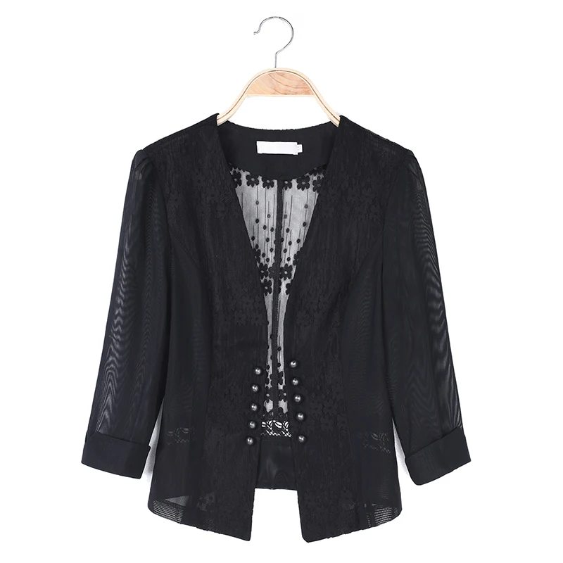 Korean short small suit blazer women coat thin see-through lace embroidery mesh women blazers and jackets vintage cardigan tops