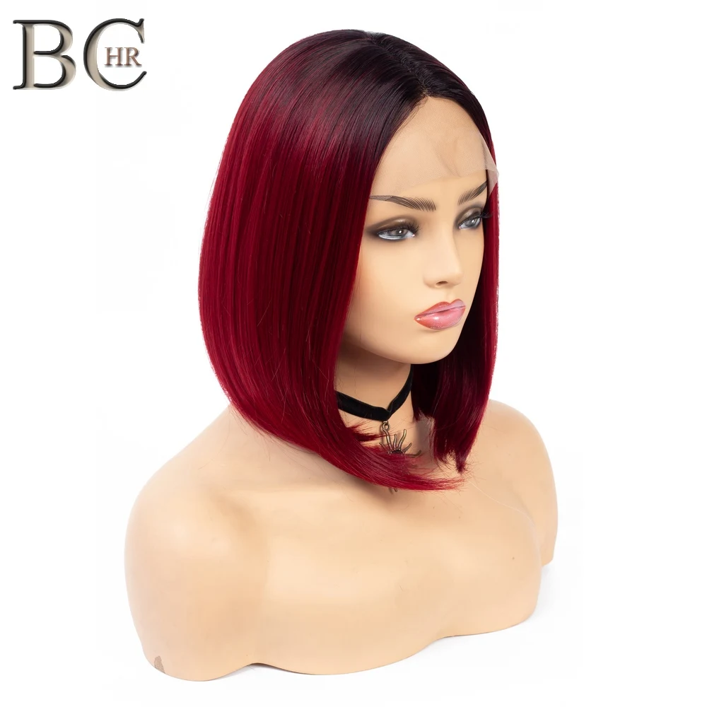 Короткий синтетический парик BCHR 13*4 Для Женщин черный винно красный с Ombre