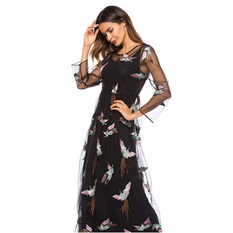 EdspLovd Embroidery Mesh Summer Dress Women Sexy Transarent Long Lining O neck lace Sleeve Plus Size DS307 | Женская одежда