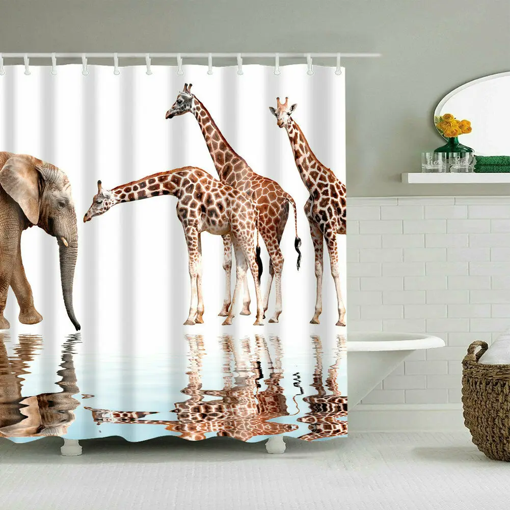 

Shower Curtain Art Bathroom Decor Animals Giraffe and Elephant Design Curtains