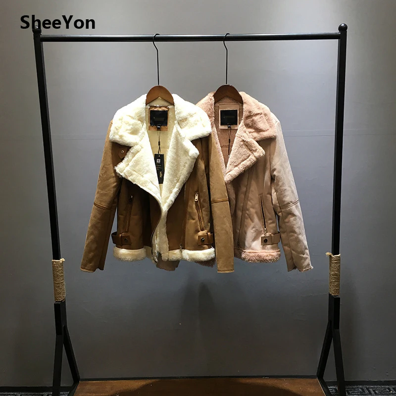 SheeYon Winter warm suede Patchwork lamb fur Jackets slim plus size zipper jacket women's Camel color 1001349 | Женская одежда