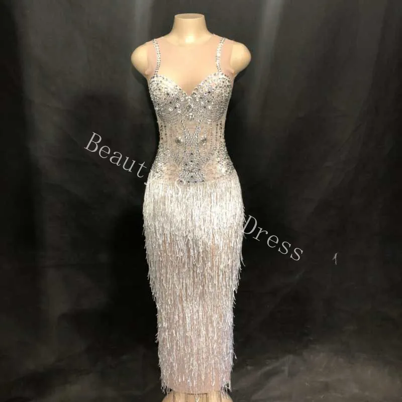 Блестящее Прозрачное платье с кисточками, женское платье для празднования дня рождения, длинное Сетчатое платье, одежда с камнями